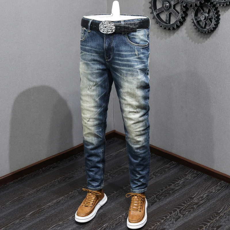 Italian Style Fashion Men Jeans High Quality Retro Washed Blue Stretch Slim Fit Ripped Jeans Men Vintage Designer Denim Pants