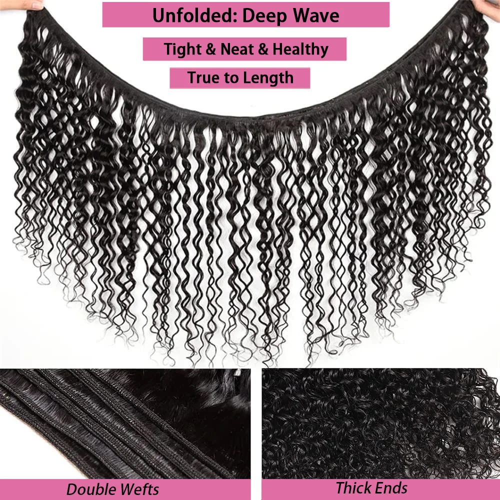 Deep Wave Human Hair Bundles Extension 26 Inch Brazilian Water Curly Real Bundles Human Hair Double Weft Natural Color For Woman