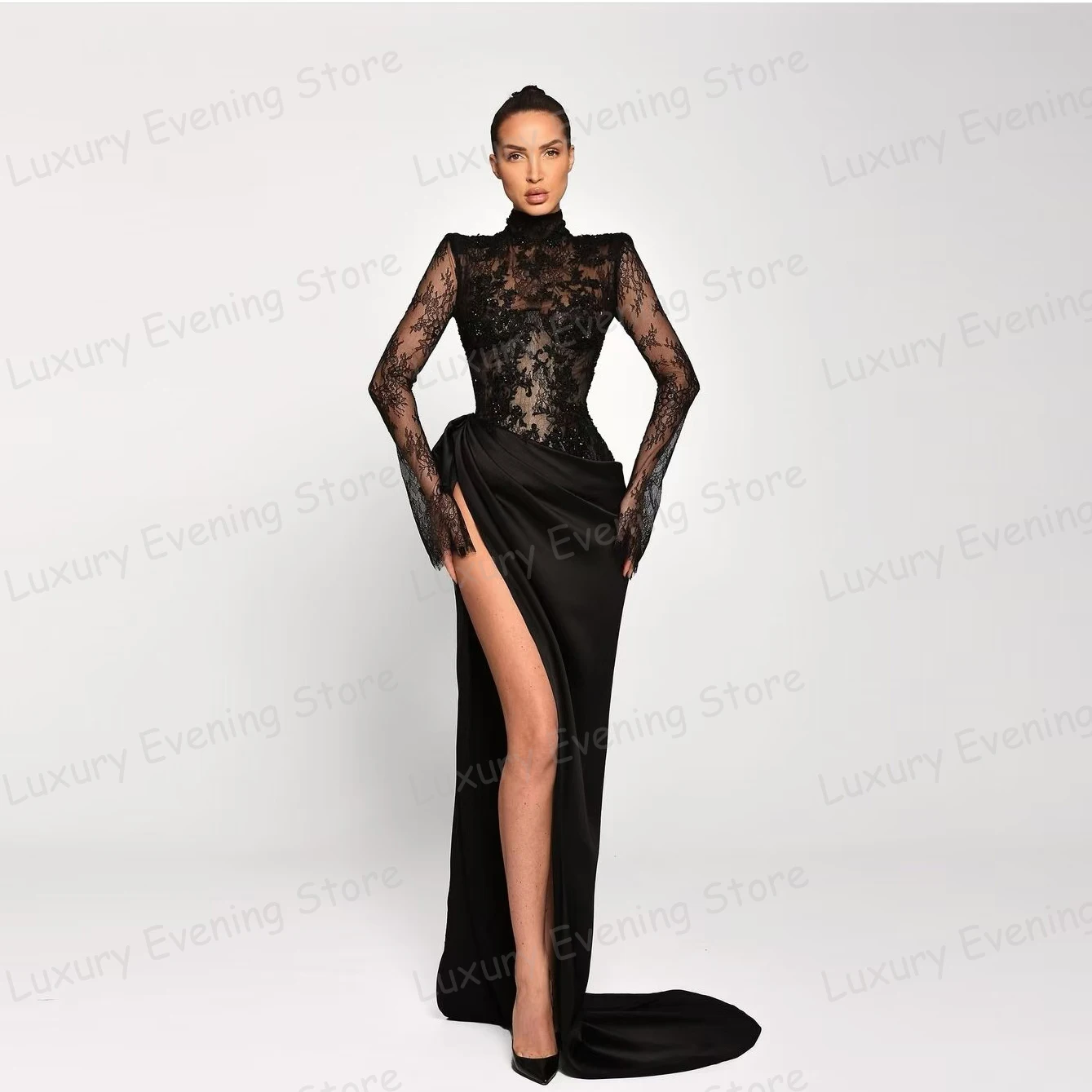 Luxury Black Evening Dresses Woman's Mermaid Sexy Lace Appliques Prom Gowns Fashion High Split Long Sleeve Vestidos Customized