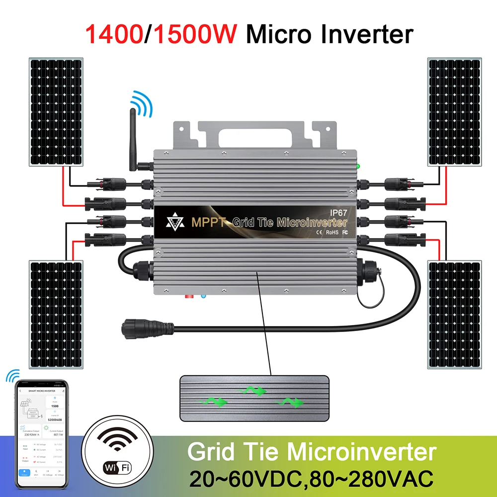 MPPT Micro Inverter 1500W Solar Panel Grid Tie Inverter Pure Sine Wave DC 24V 48V AC 120V 220V Microinverter Home Appliance