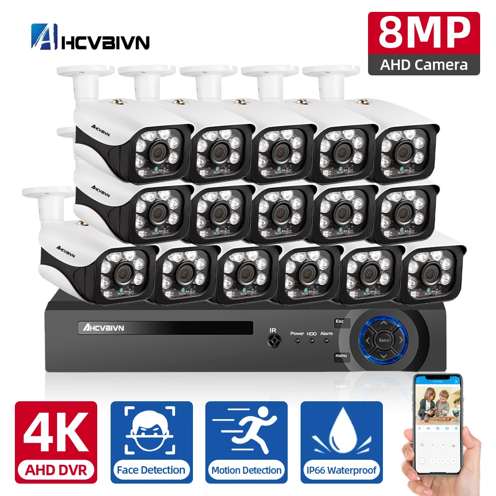 

16CH 8MP AHD DVR Kit CCTV Security Camera System XMEYE Outdoor Waterproof 4K Face Detection Analog camera Video Surveillance Kit