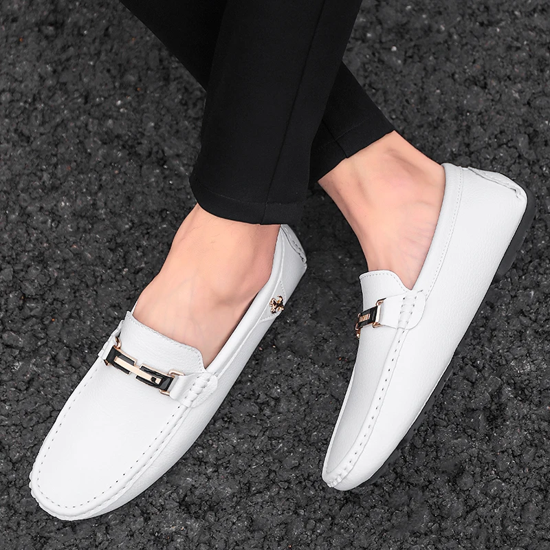 White Loafers Men\'s Genuine Leather Slip-on Classic Leather Shoes Soft Sole Comfortable Moccasin Casual Shoes Designer Men Shoes