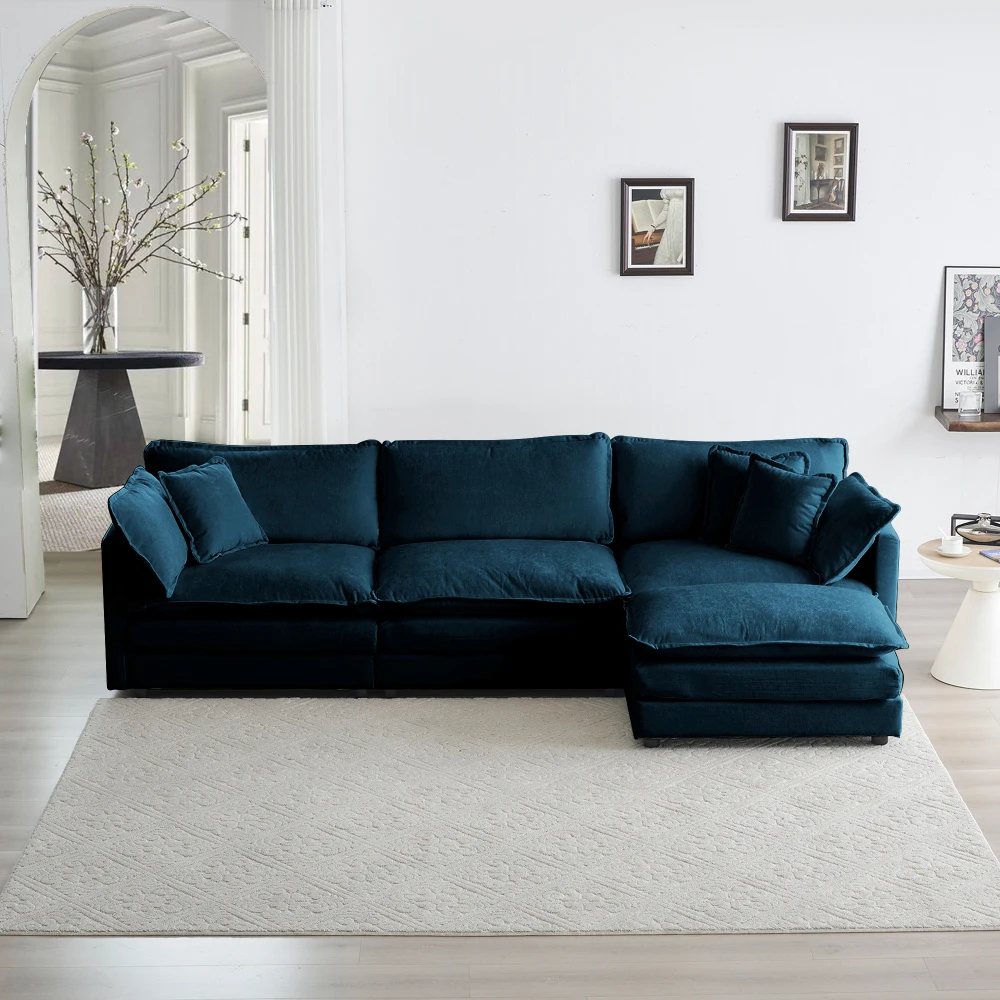 

Free Combination Comfy Upholstery Modular Oversized L Shaped Sectional Sofa With Reversible Ottoman, Blue Chenille