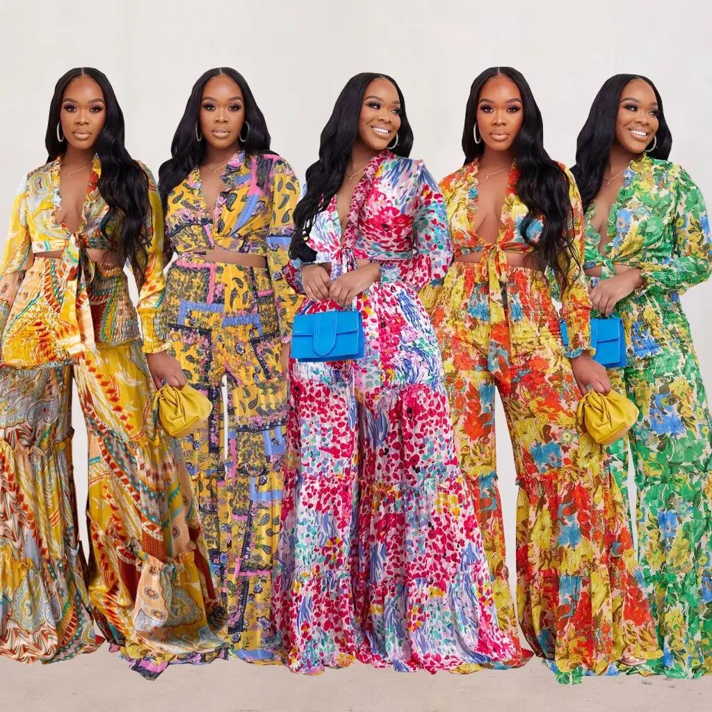 

TD2339 Женский модный шифоновый комплект с длинными рукавами в европейском и американском стиле, расклешенные брюки на шнуровке с контрастным принтом, комплект из двух предметов