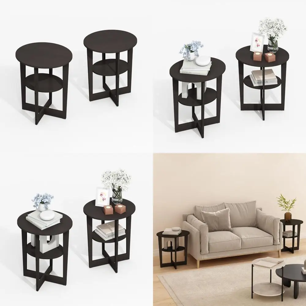 

Set of 2 Black Walnut 2-Tier Oval Side Tables for Living Room and Bedroom, Easy Assembly