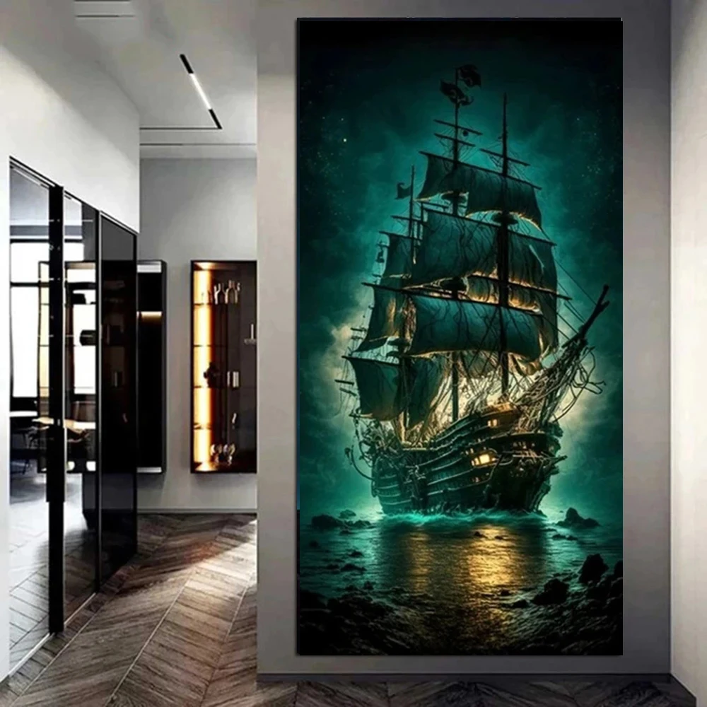 Large 5D Diy Diamond Art Moon Night Pirate Seaboat Cross Stitch Kits Full Round Drills Mosaic Embroidery Rhinestone Picture G518