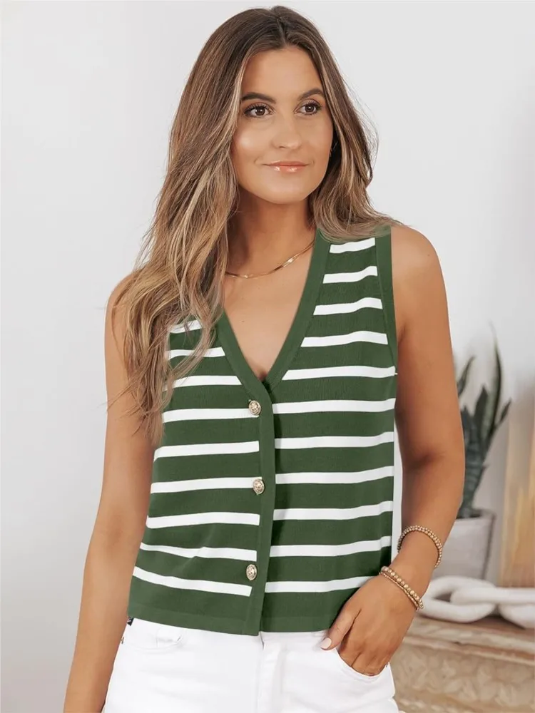 

Autumn Woman's Knitted Stripes Sweater Vest Female Elegant V-neck Sleeveless Single-row Buckle Spring Cardigan Ladies Streetwear