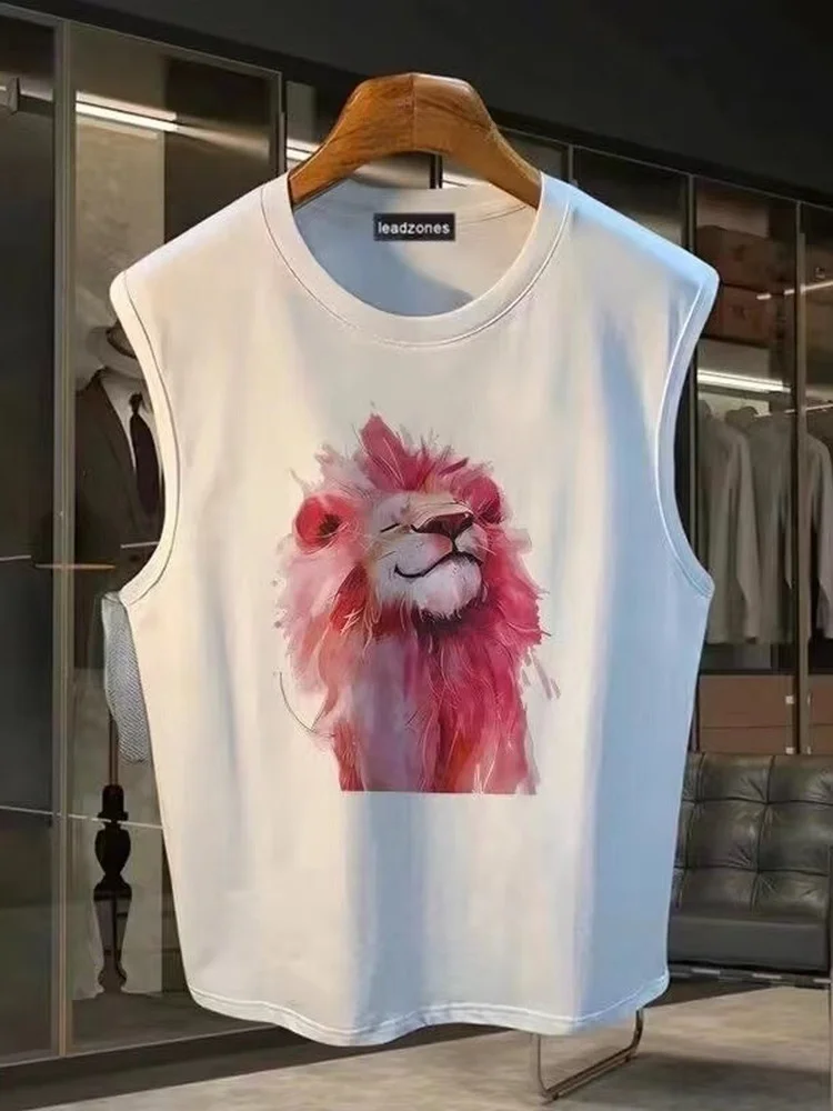 Heavyweight 230g Pure Cotton Tank Top Men's Summer Pink Lion Print Sports Fitn Svel T-irt Upper Body Faion