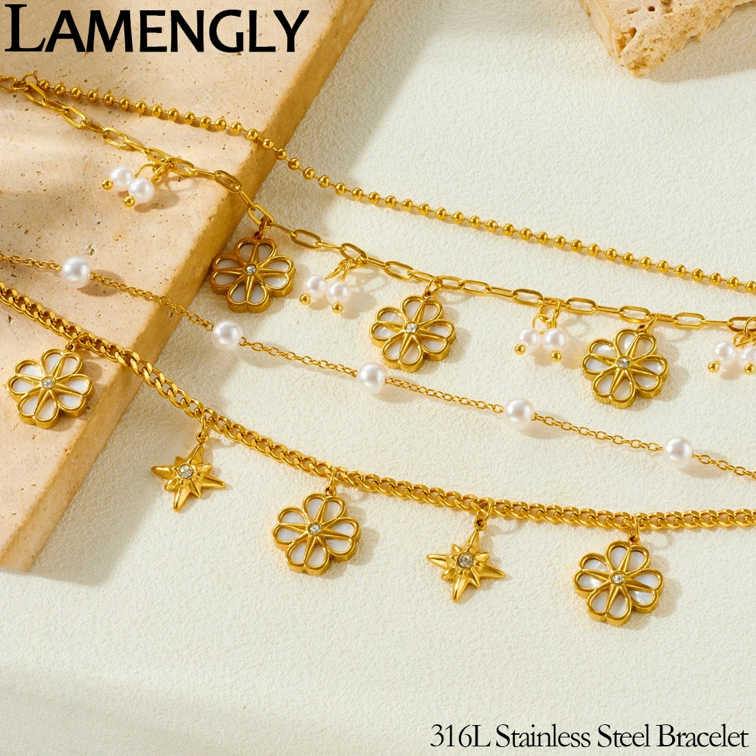LAMENGLY 316L Stainless Steel Zircon Inlay Flower Star Pearl Charm Bracelet Women Noble Elegant Double-Layer Hand Chain Jewelry