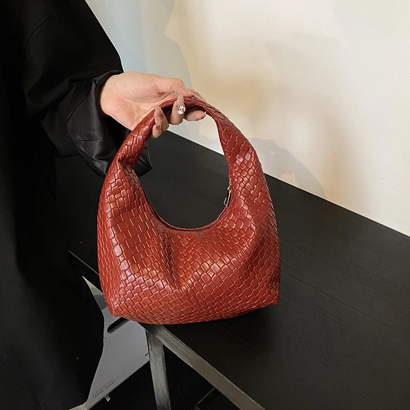 Women Classic Fashion Woven Embossed Hobo Soft PU Leather Small Top-handle Shoulder Bag Casual Daily Handbags