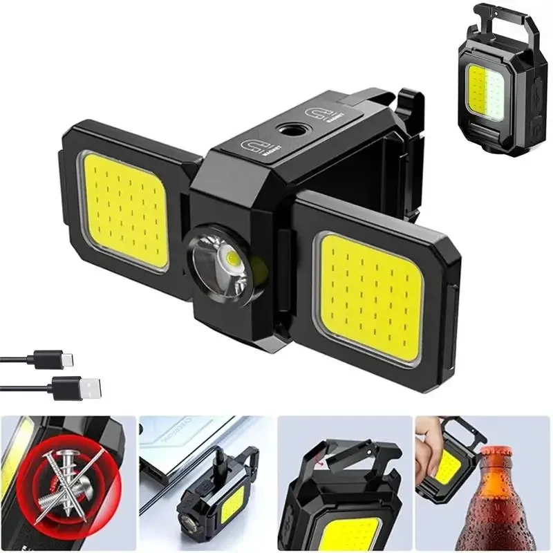 Mini Flashlight Keychain Light COB Work Light USB Rechargeable Lamp with 90° Foldable Side Lights Super Bright Portable Lanterns