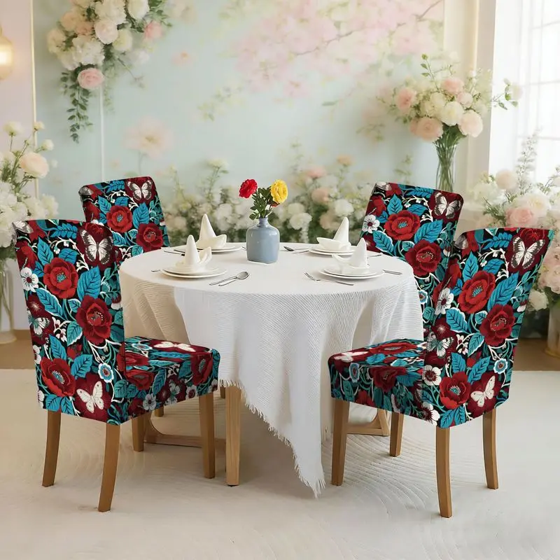 

Набор чехлов для обеденных стульев с плоским принтом и эластичной резинкой, черная основа, красный, синий, белый цветочный узор с бабочками, чехол для стула.