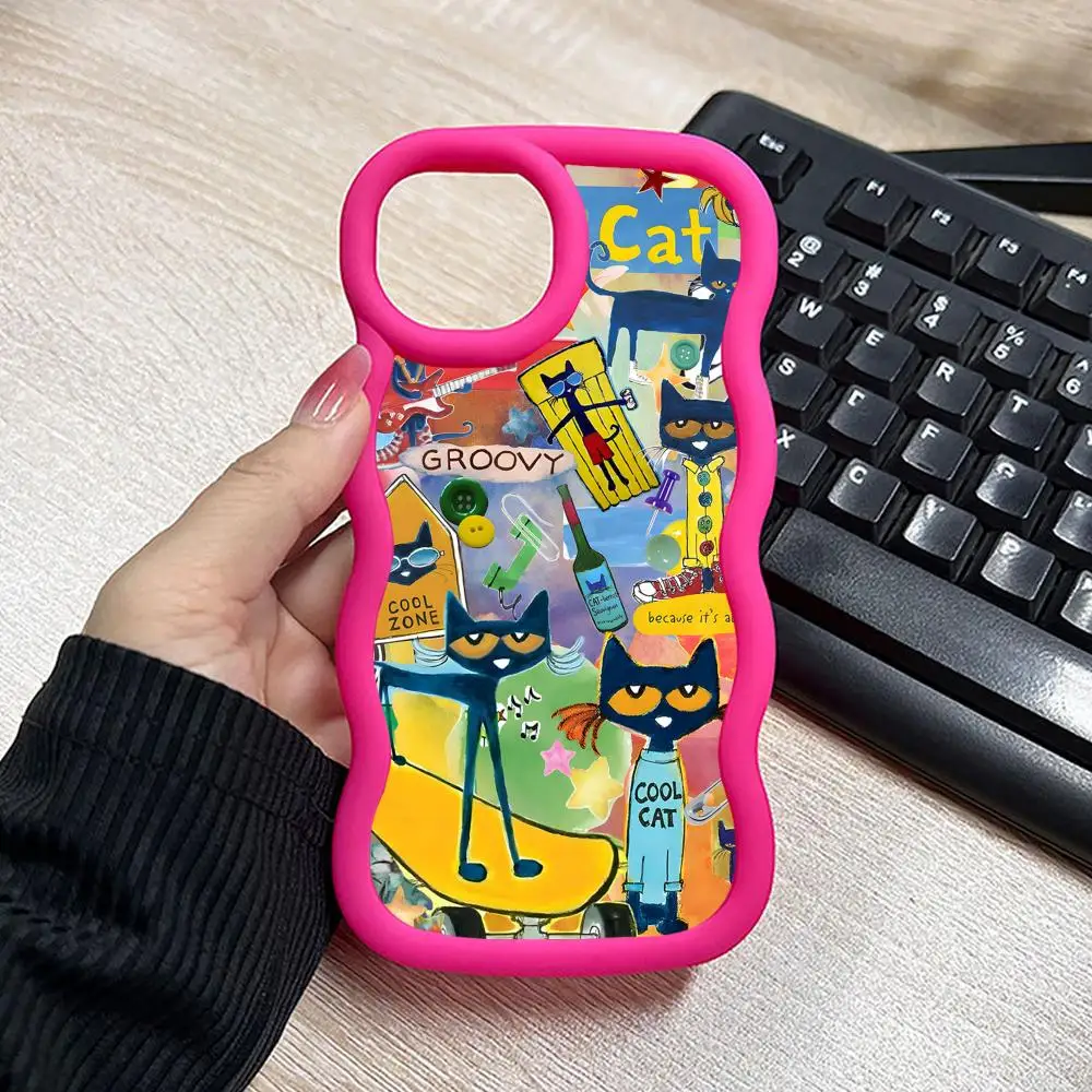 

Милый чехол для телефона с Питом-кошкой для iPhone 17 16 15 14 13 12 11 Air Pro Max Plus, с волнистым краем, из ТПУ, разноцветный, роскошный, красивый