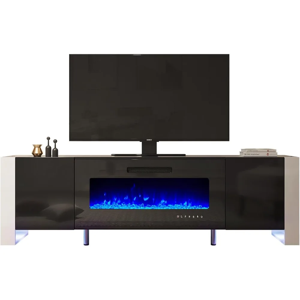 Pied en forme de U de 70 pouces, support TV de cheminée, console multimédia finition miroir avec foyer électrique de 36 pouces, supports TV de rangement à lumières LED