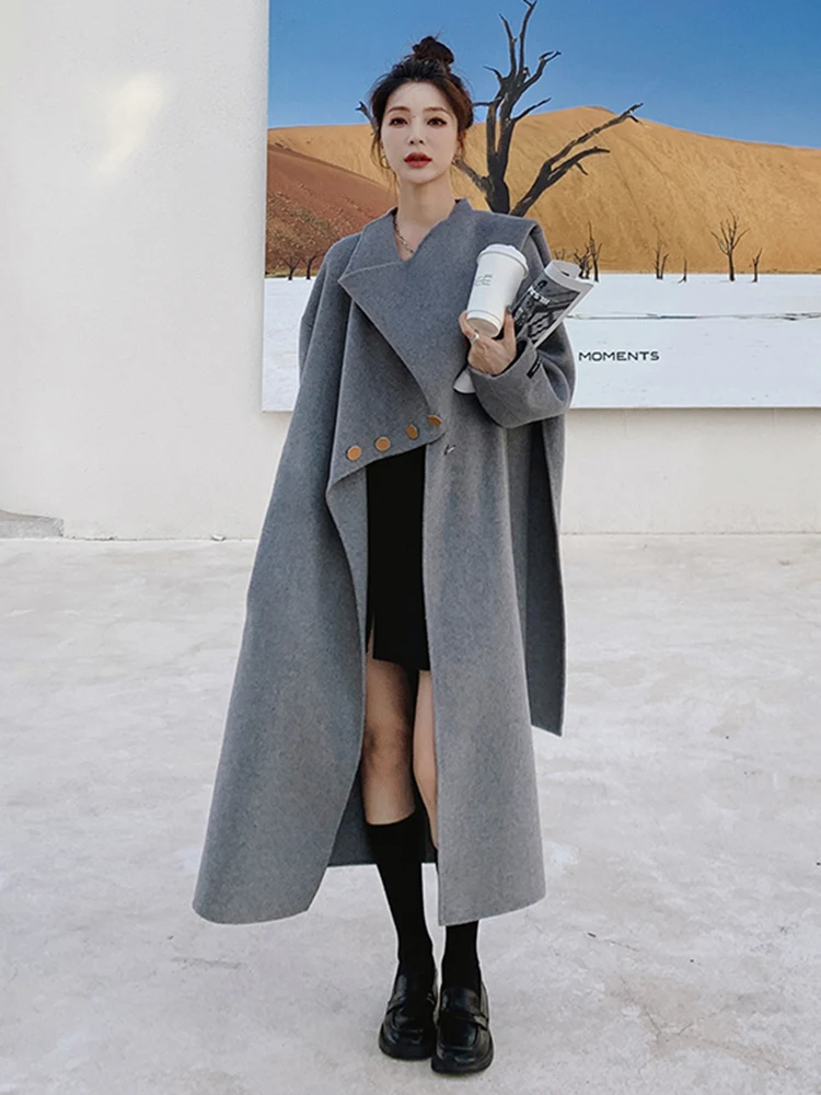 LANMREM Wool Coats For Women Scarf Collar Long Length Irregular Buttons Coat Gray Color Female High End Luxury Clothing 2R7870