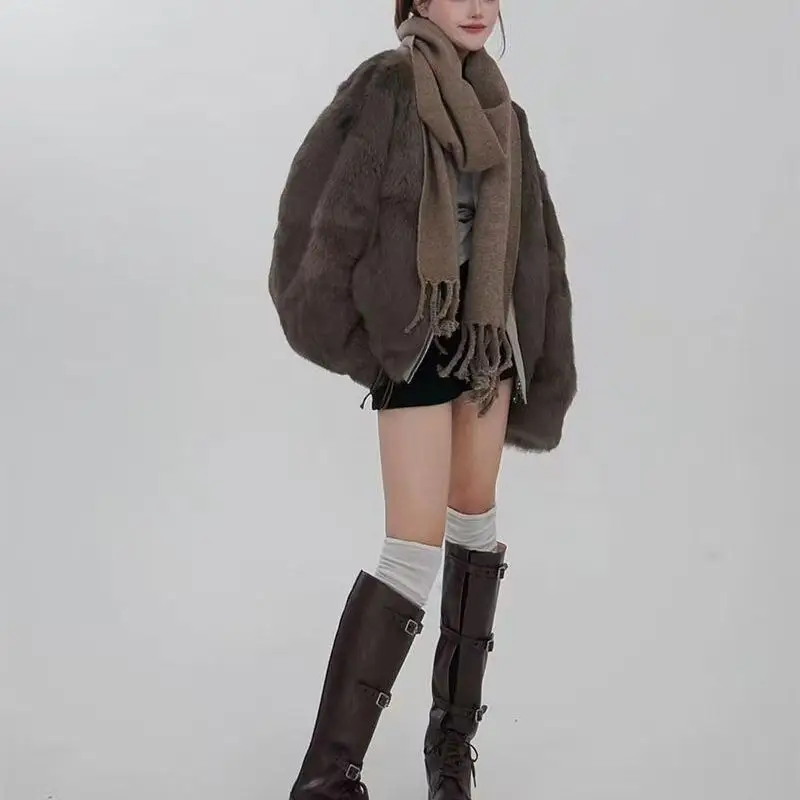 2026 New High-end Stand-up Collar Short Tooling Jacket for Women's Winter Fluffy Liner Imitation Fur Pie Overcome Cotton Clothes