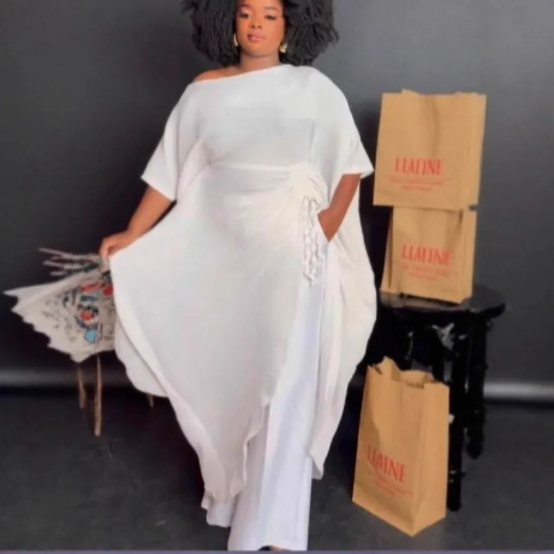 

Комплект плиссированных брюк Miyake, новинка 2025 года, однотонный комплект с рукавами «летучая мышь», свободный шнурок, модные тонкие широкие брюки больших размеров, комплект из двух предметов