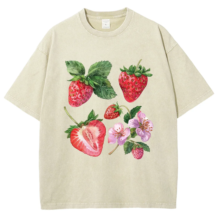 

2024 Summer New Women's T-Shirt Y2K Women's Clothing Sales Oversize Fruit Strawberry Print Washed Top Harajuku Short Sleeve Men