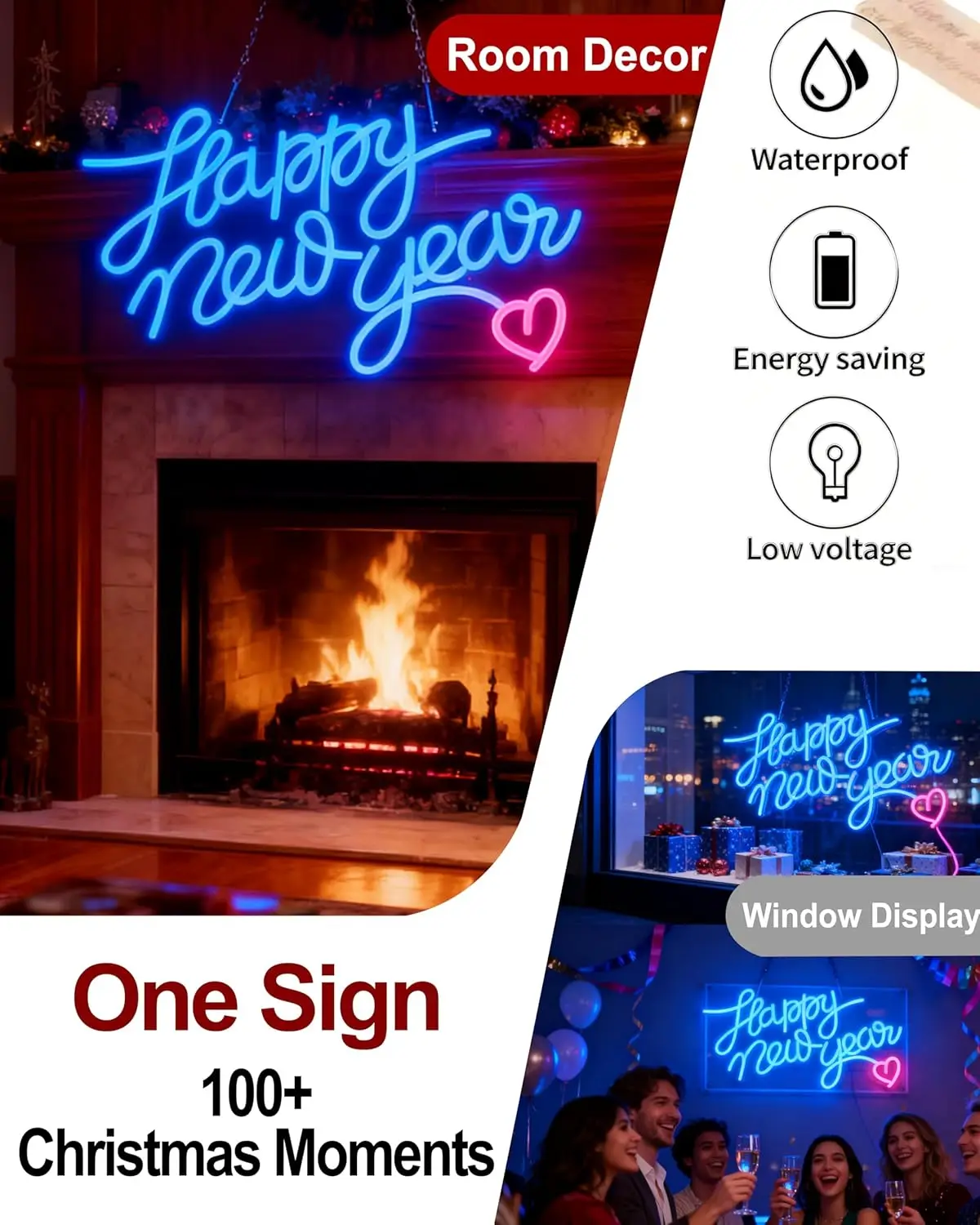 ป้ายไฟนีออนสุขสันต์วันปีใหม่ ป้ายไฟนีออน LED ปรับความสว่างได้ สำหรับตกแต่งผนัง คลับ ปาร์ตี้ ห้องนอน บ้าน โชว์รูม ร้านค้า ของขวัญ