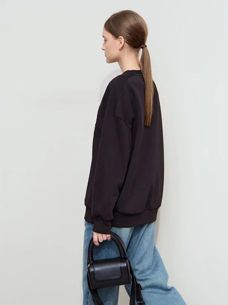 AMII Minimalist Sweatshirt For Women 2025 Spring New Casual Streetwear O-Neck Drop Sleeves Letter Print Loose Tops 12511052