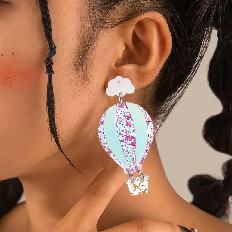 1 Pair of Colorful Reflective Cloud Hot Air Balloon Earrings Made of Acrylic Splicing, Popular And Simple Versatile Jewelry