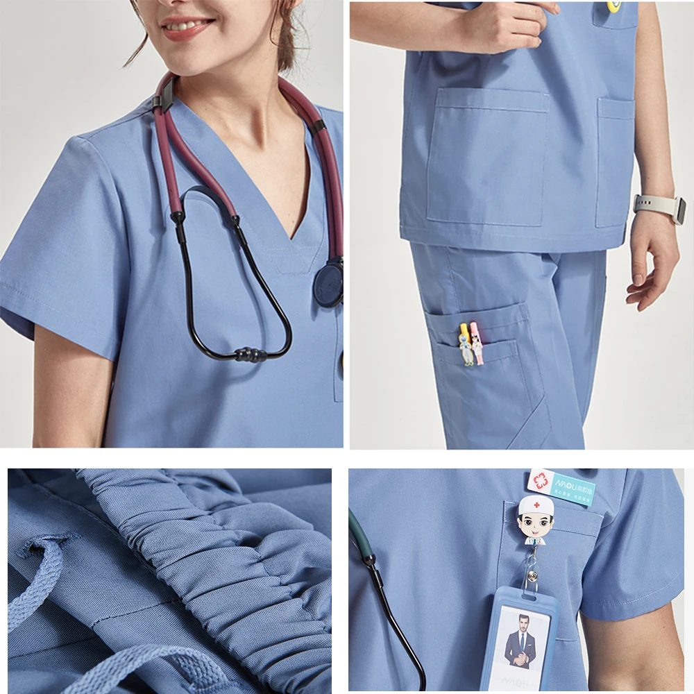 Uniforme de enfermeira médica para homens e mulheres, Conjunto de esfregaço ultra leve, Uniforme hospitalar, Doctor Workwear, Tecido Popeline, Roupa cirúrgica veterinária, 8020