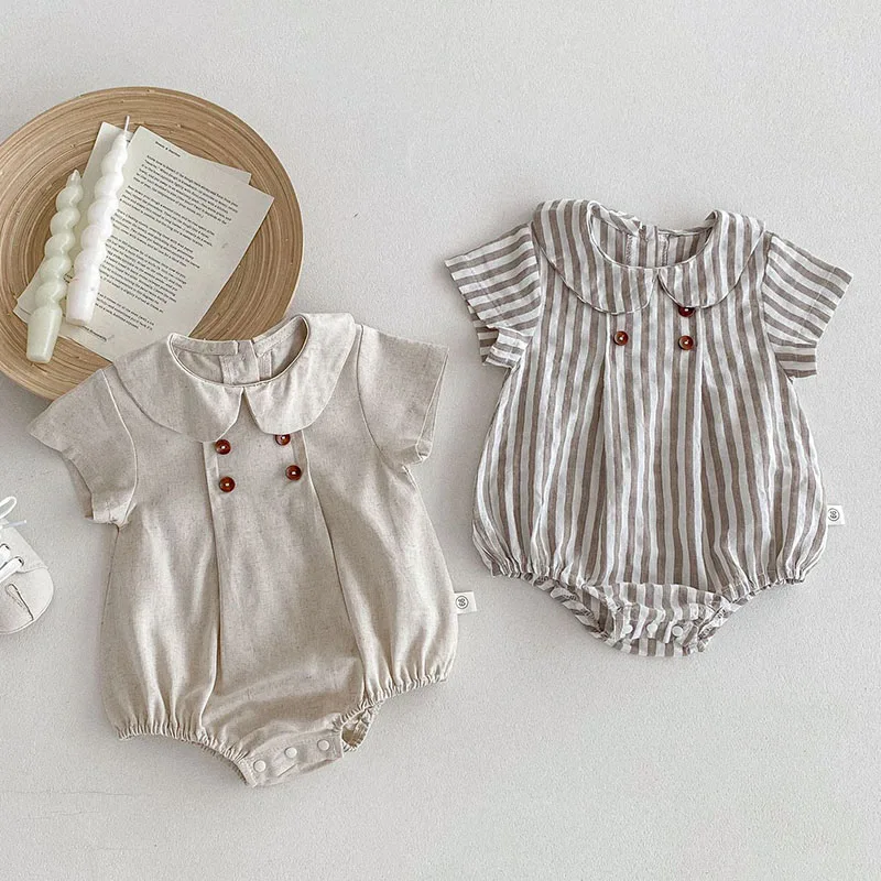 

2025 New Summer 0-24M Children Clothes Korean Style Climbing Suit Short Sleeved Cotton Stripe Toddler Baby Girls Boys Jumpsuit