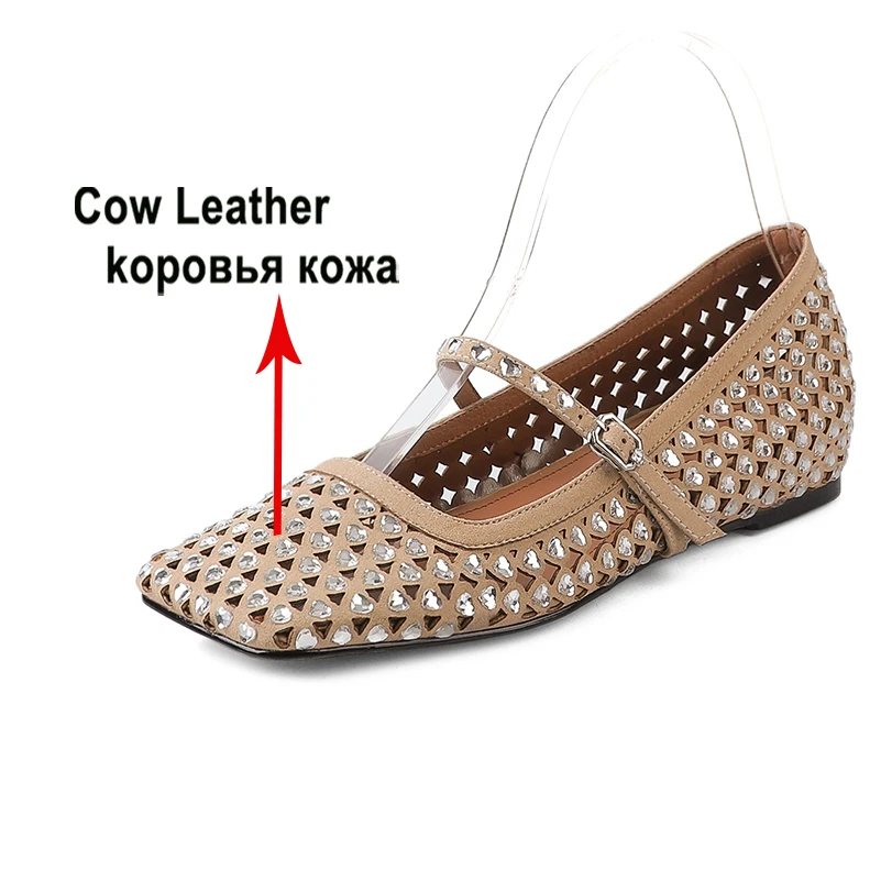 Meotina Women Genuine Leather Mary Janes Square Toe Flat Buckle Crystal Glove Shoes Ladies Fashion Casual Shoes Spring Autumn 40