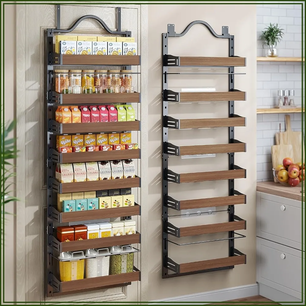 

8-Tier Over Door Pantry Organizer with Wooden Baskets, 2-in-1 Wall Mount or Door Spice Rack, 72.6x17.1x5.1in Black