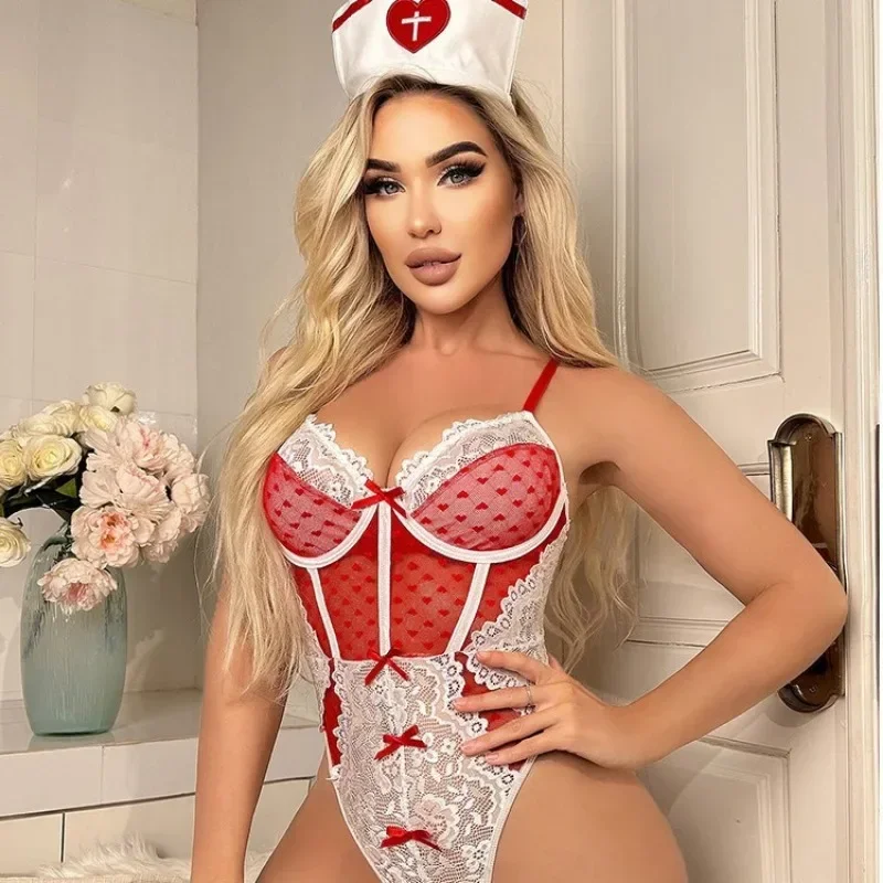 Frauen Spitze Mesh Krankenschwester Uniform Overall Set Onesie Erwachsene Sexy Lingеrie Set Dame Onesie Frauen Pyjama Body Einteilige Pyjamas