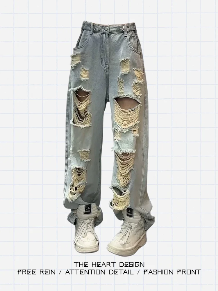 

Cool Trendy American High Street Large Hole Denim Pants Women Summer Loose Design Slim Straight Wide Leg Trousers