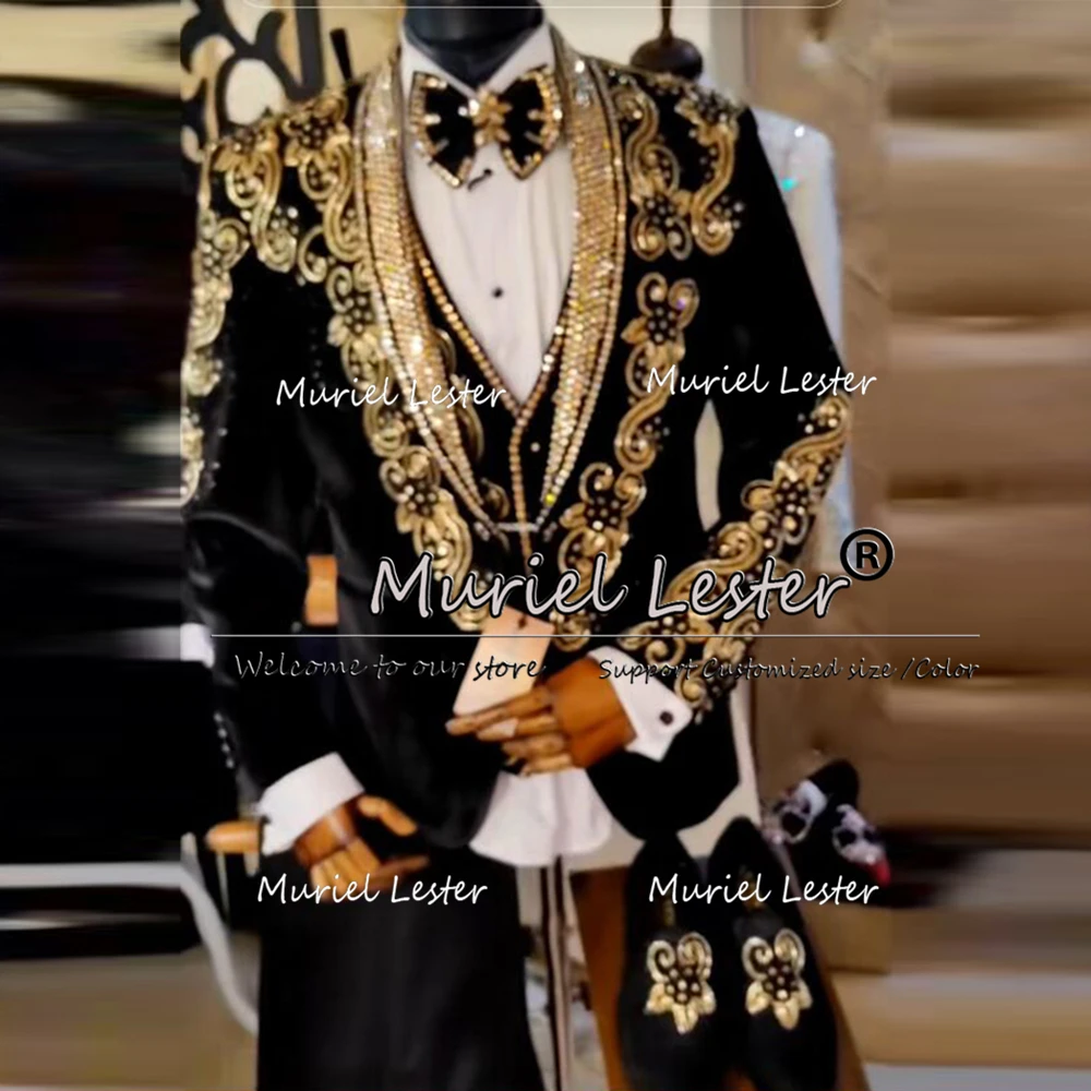 Exclusive Gold Crystals Suits Men 3 Pieces Sets Sparkly Sequins Label Groom Blazer Customized Man Banquet Beaded Wedding Tuxedos