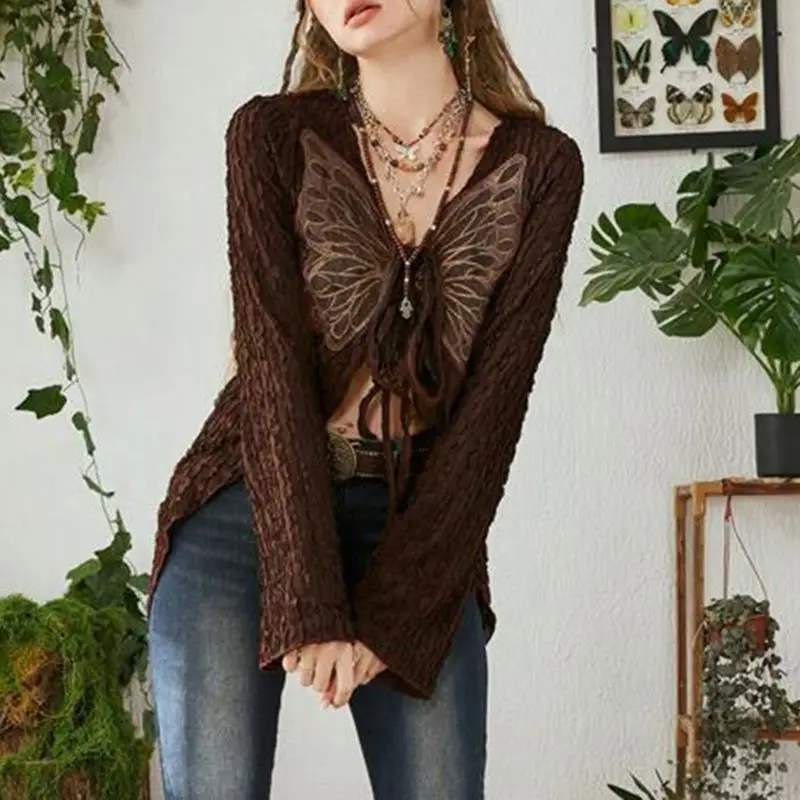 Retro Texture Fabric Butterfly Embroidery Lace-up Cardigan Women's French Trend Slimming Top