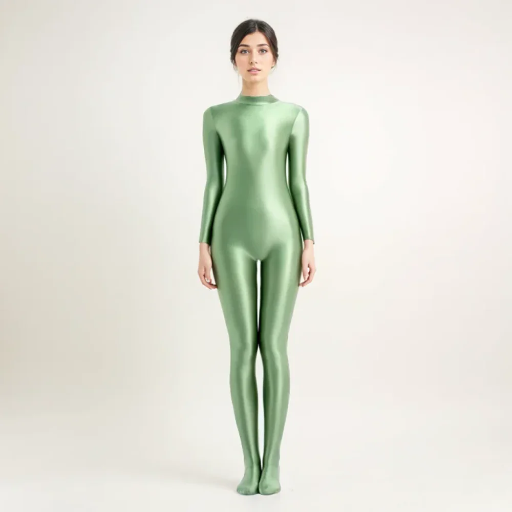 MJINM seksowne błyszczące body obcisłe olejne błyszczące stroje do jogi Zentai Casual rajstopy sportowe Catsuit kombinezon z zamkiem błyskawicznym