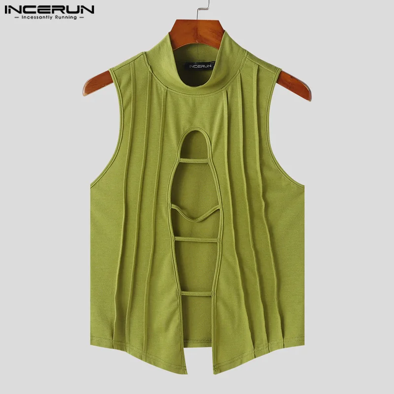 INCERUN Tops 2024 American Style Men's Hollow Semi High Neck Knitted Vests Fashion Sexy Male Hot Sale Sleeveless Tank Tops S-5XL image 4