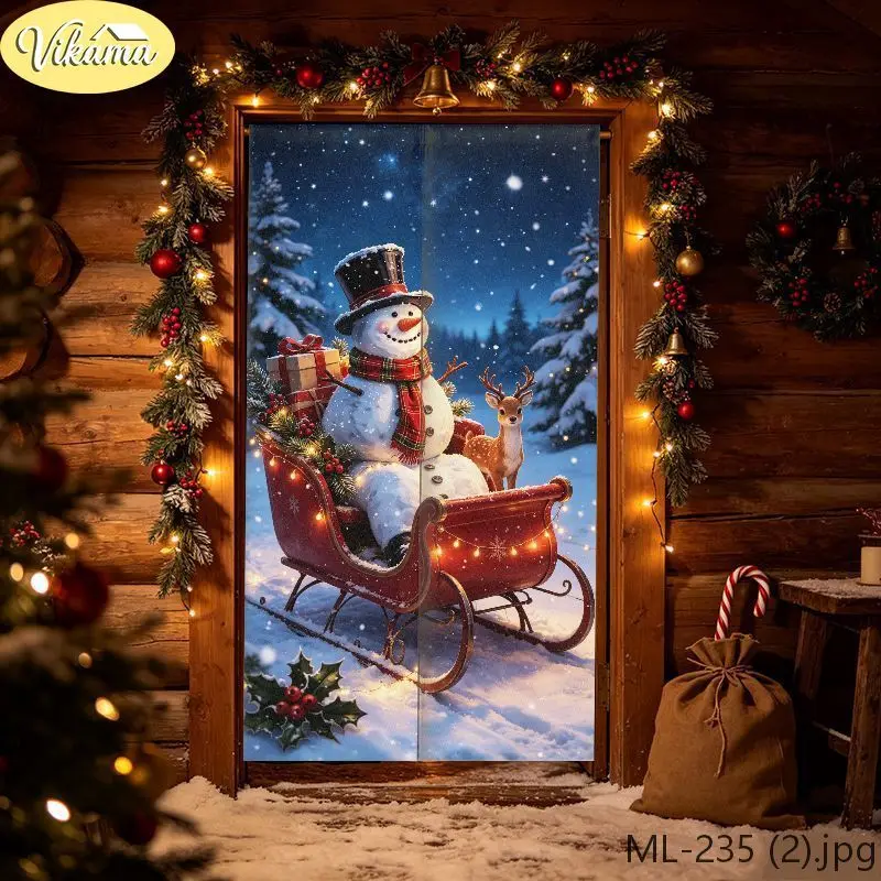 VIKAMA Buffalo Check Christmas Half Door Curtain Fabric Curtain with Merry Christmas Print Privacy Screen Festive Home Decor