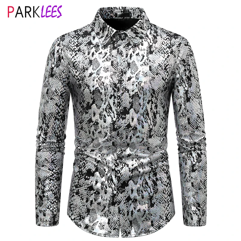 Sexy Sake Pattern Print Metallic Nightclub Shirt for Men Long Sleeve Slim Fit Mens Dress Shirts Party Stage Prom Singer Costume