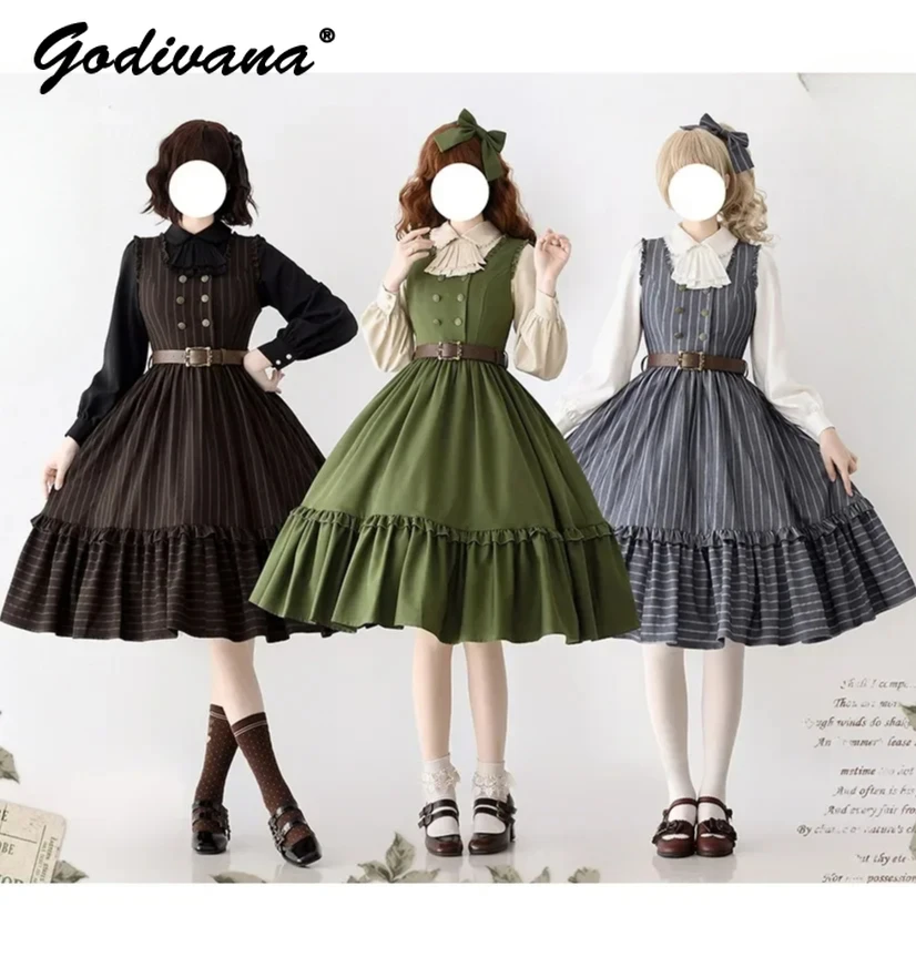 

Spring and Autumn New Women's Elegant Retro Long Jsk Dress Lolita Girls Long Sleeve Pleated Shirt Top and Tank Dress Set Outfits