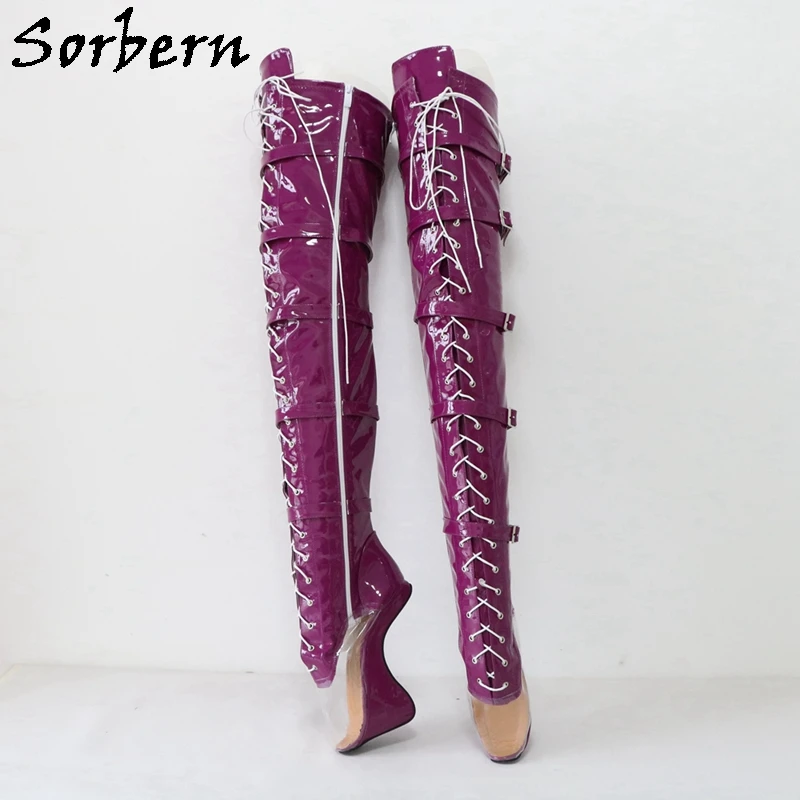 Sorbern stivali in PVC trasparente viola lucido balletto tacchi alti Sexy Fetish Heelless stivali sopra il ginocchio scarpe Crosss Unisex