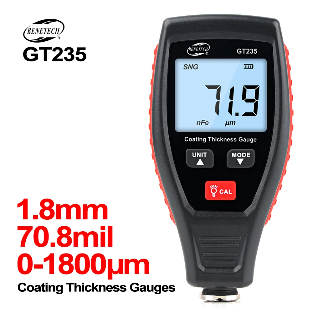 GT235 LCD Coating Thickness Gauge for Cars Paint Depth Gauge Tester 0~1800um with Pouch Calibration Substrates