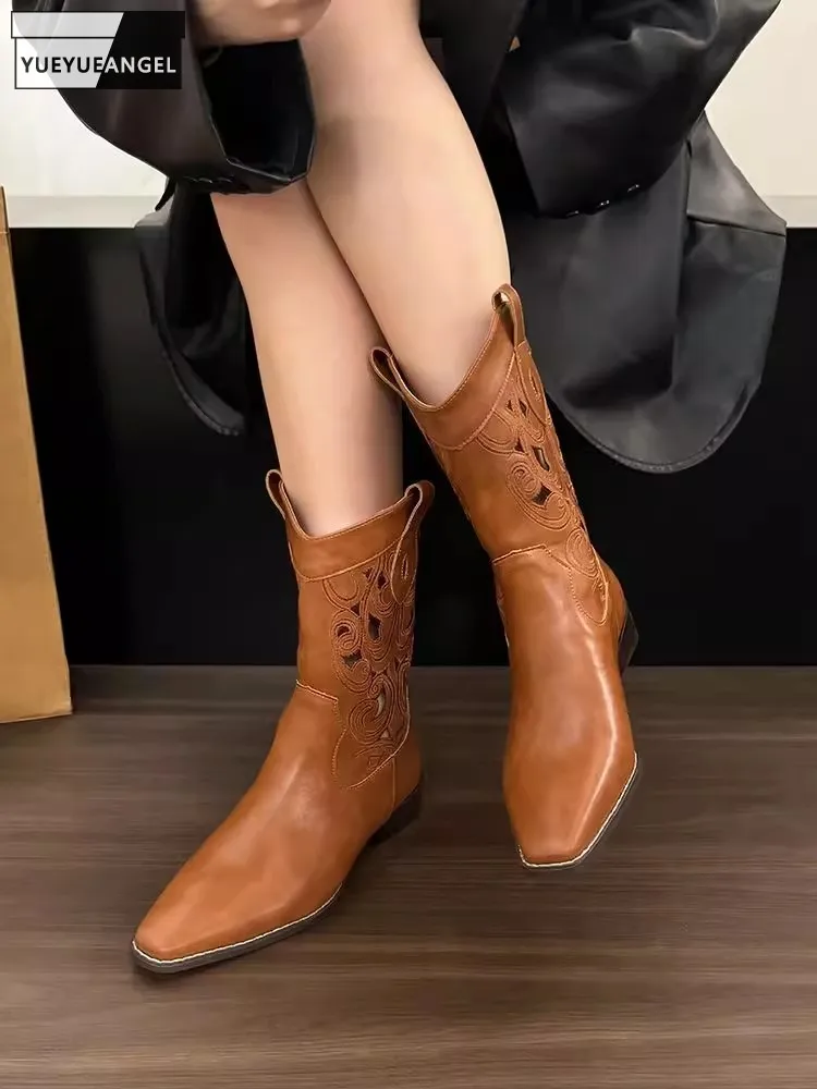 Autumn Vintage Women Embroidery Hollow Out Ankle Boots Block Heels Slip On High Tops Shoes Cowhide Genuine Leather Modern Boots