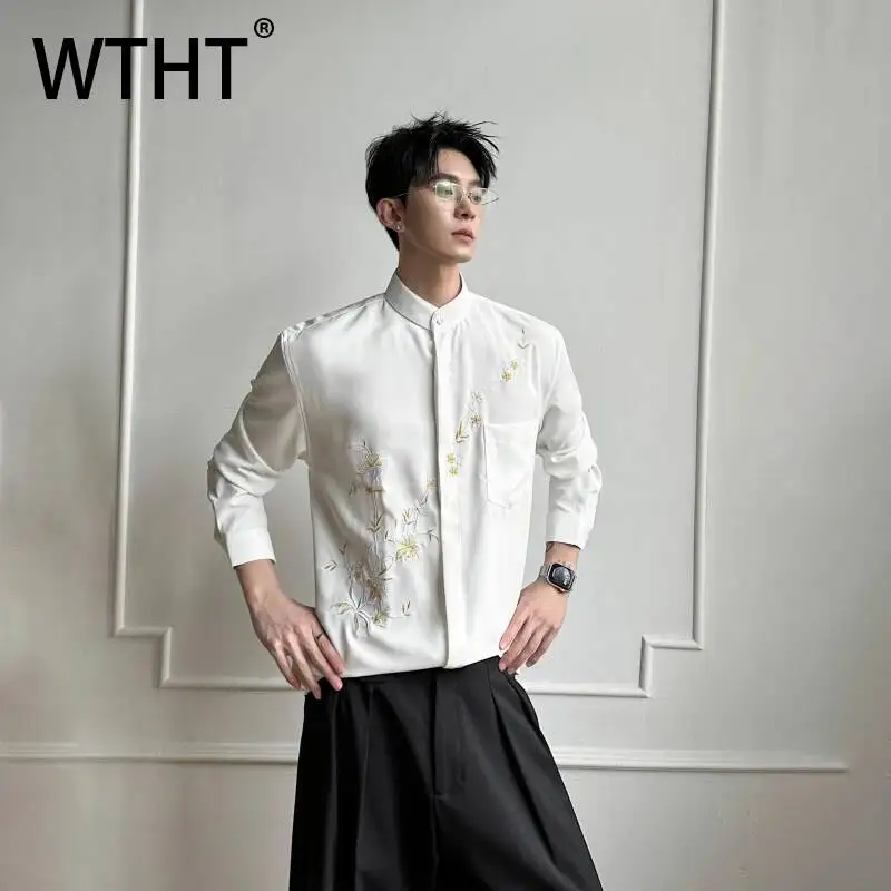 

WTHT Fashion Men's Flower Embroidery Pockets Design Shirts Trendy Chinese Style Stand Collar Tops Male 2026 Summer 2A3051