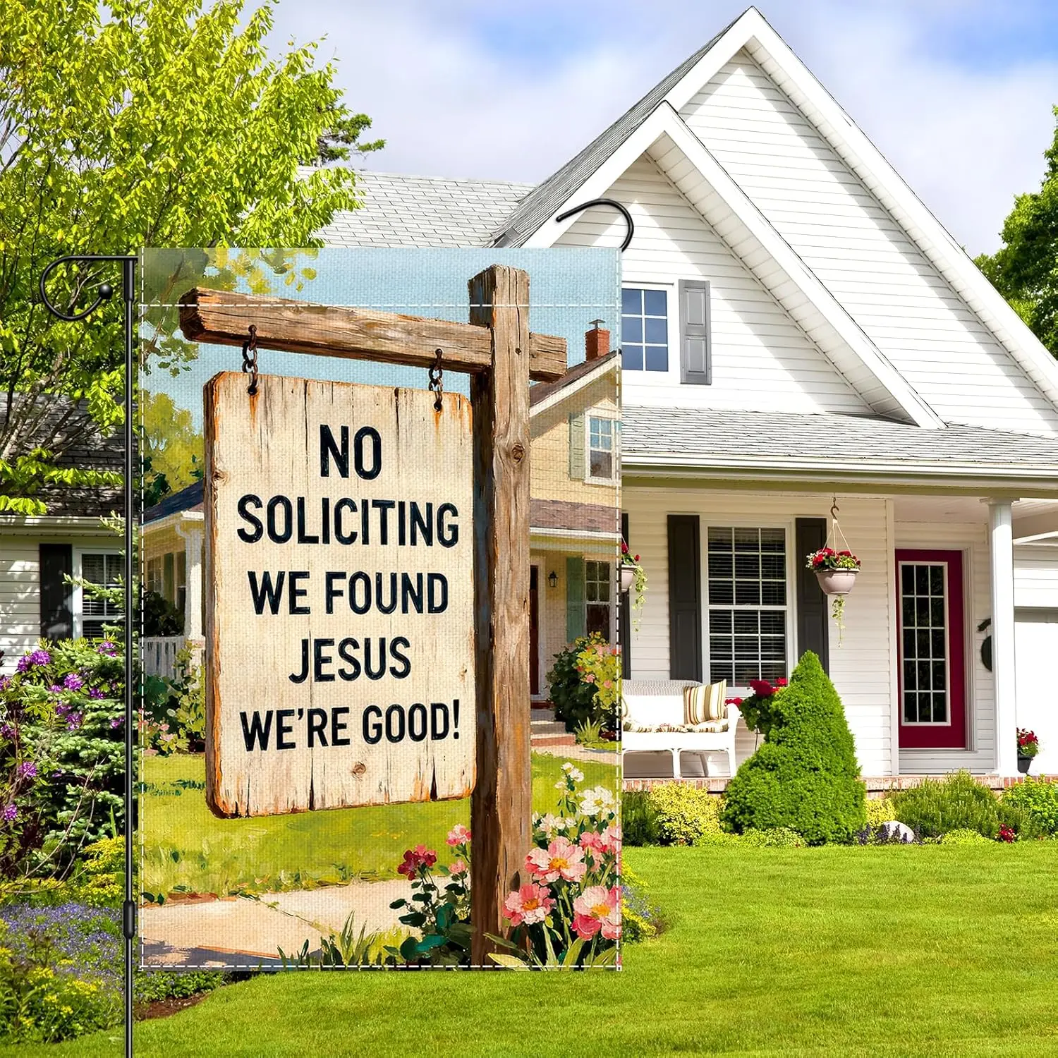 No Soliciting Garden Flag 12x18 Inch Double Sided, We Found Jesus We're Good Yard Flag for Outside, Funny Faith Small Bu ZZM