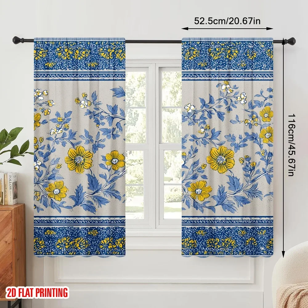 2pcs,2D plane printing Light Filtering Curtains Blue Yellow Floral Stripes Versatile Durable Polyester (without rod) Art Deco