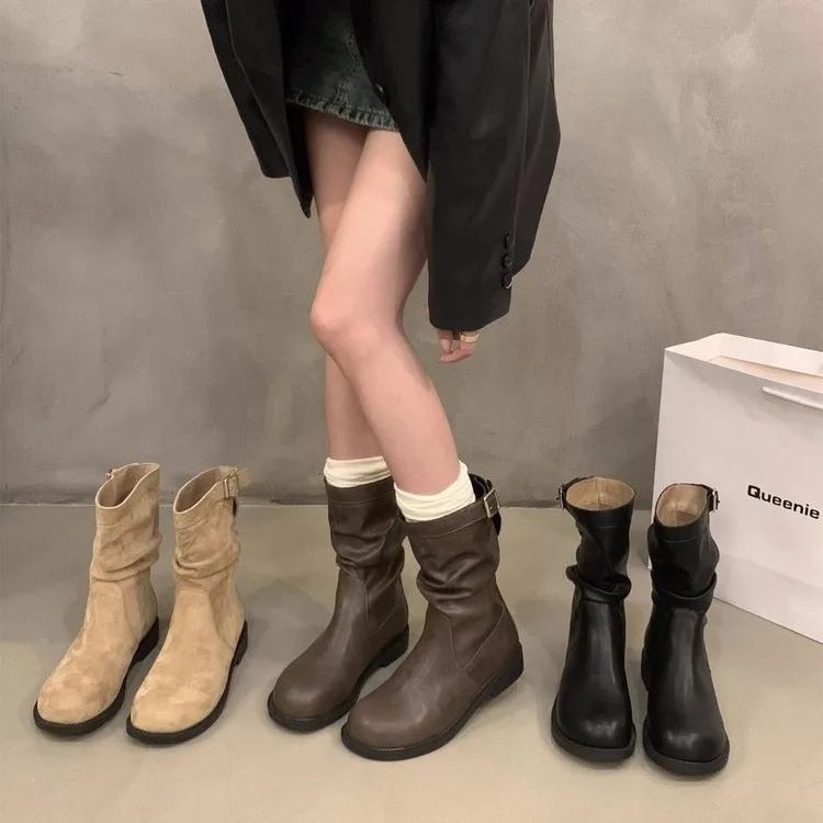 

Hot Sale Korean Small Ankle Boots Female Heaps Boots 2024 New Autumn and Winter Vintage Round Head Motorcycle Boots