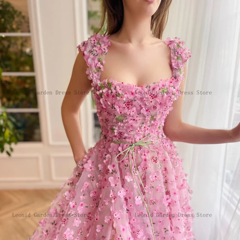 Flowers Pink Prom Dresses Square Neck Sleeveless Tulle Party Gowns A-Line Evening Dress Floor Length Front Slit فساتين السهرة