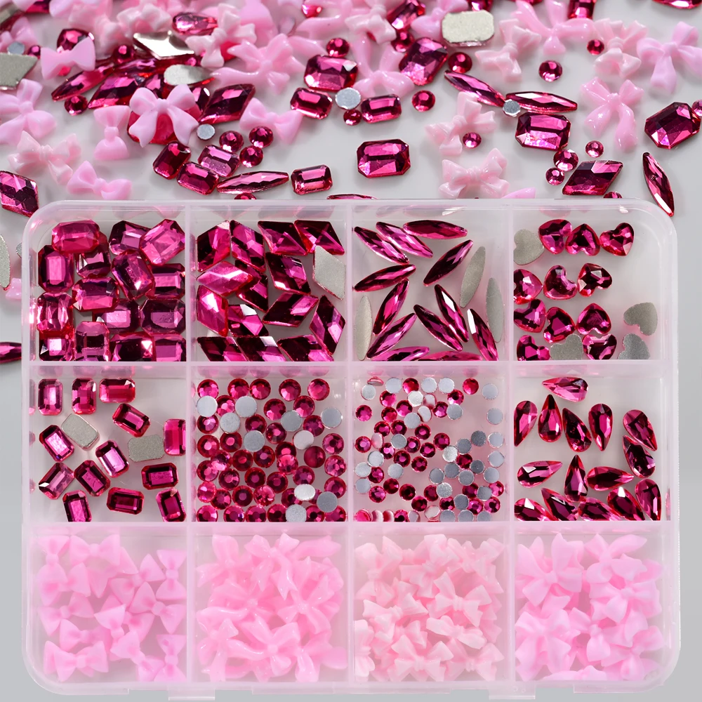 12 Siatek 3D Różowe Kokardki i Różowo-Czerwone Cyrkonie Ozdoby do Paznokci Mieszane Okrągłe/Serce/Kwadrat/Romb Diamentowe Dekoracje do Paznokci DIY Akcesoria do Paznokci