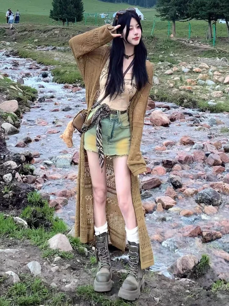 سترة نسائية محبوكة مفتوحة من Travel Sle مجوفة طويلة Sve V-Ne متوسطة الطول فضفاضة تناسب ملابس خارجية عصرية للعطلات... #4