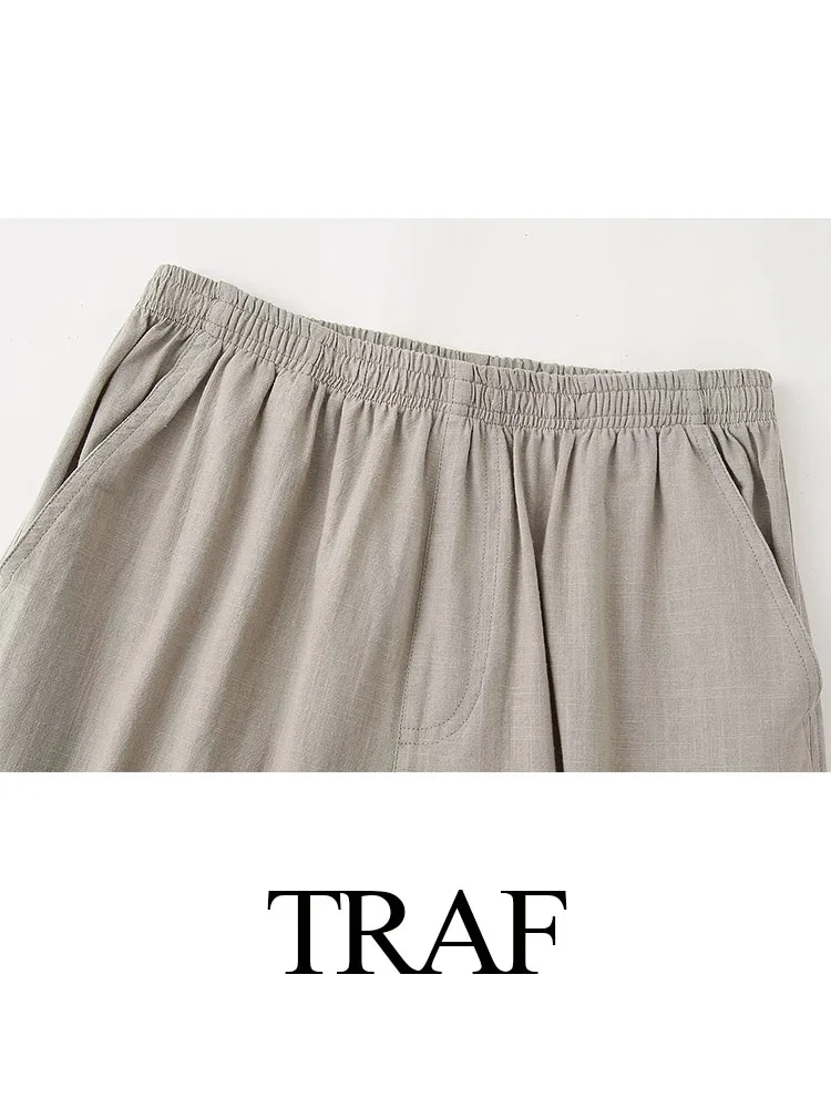 Traf 2024 Frau Hose solide elastische hohe Taille lose gestreifte lange Hose Frauen tasche lässig Vintage weibliche Hose mit weitem Bein