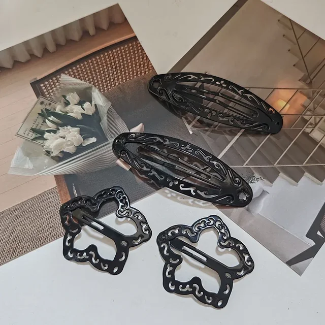 4PC Zestaw Śliczne Retro Czarne Spinki do włosów BB Hollow Flower Spinki do włosów Prosty Klasyczny Design dla Dziewczynek Akcesoria do włosów Impreza Wakacje O